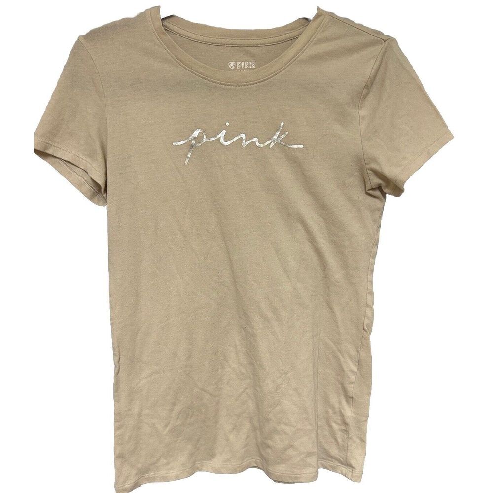 Pink Victoria's Secret Shirt Women's X Small Tan Logo Across‎ Chest Gently Loved
